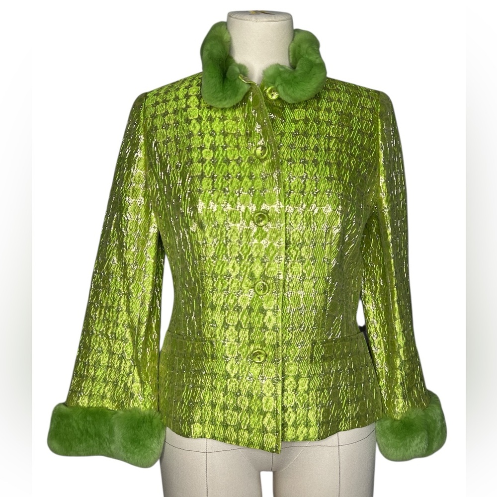 Escada Couture silk metallic rabbit fur jacket green small